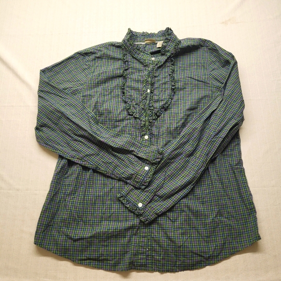 LL Bean Women Shirt XL Green Plaid Ruffle Button Up Band Collar Cottage Classic - Picture 1 of 11